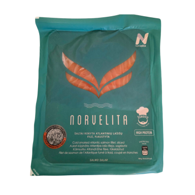 Šaltai rūkyta atlantinių lašišų filė NORVELITA, 100 g Šaltai rūkyta atlantinių lašišų filė NORVELITA, 100 g